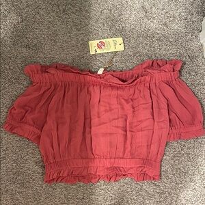 Elan Off-Shoulder Ruffle semi crop top pink large nwt